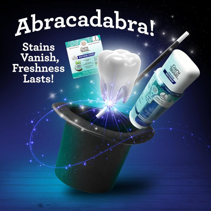 GuruNanda Whitening Wonder Duo, Dual Barrel Oxyburst Whitening Mouthwash 20 Oz & Teeth Whitening Strips with No Slip, Dry Strip Tech, 7 Day Treatments - Image 2